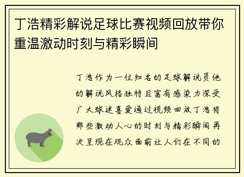 丁浩精彩解说足球比赛视频回放带你重温激动时刻与精彩瞬间